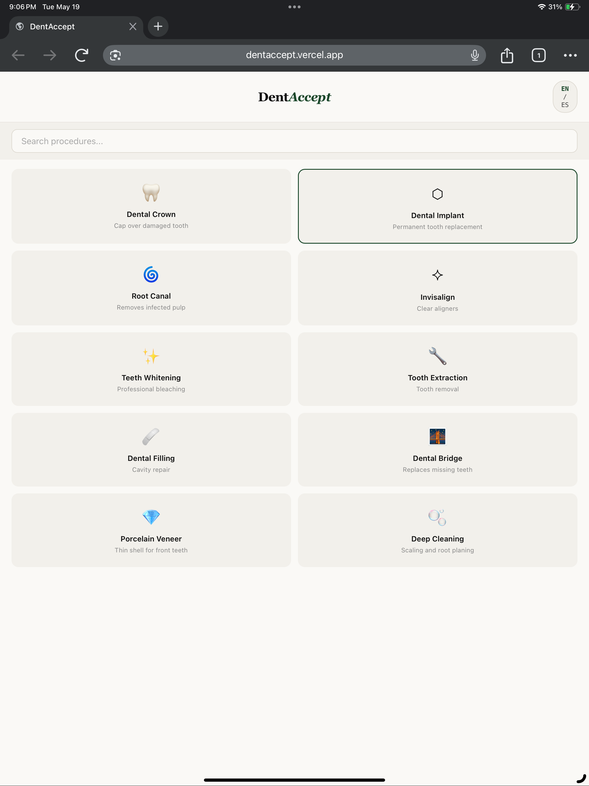 DentAccept app showing 10 dental procedures on iPad